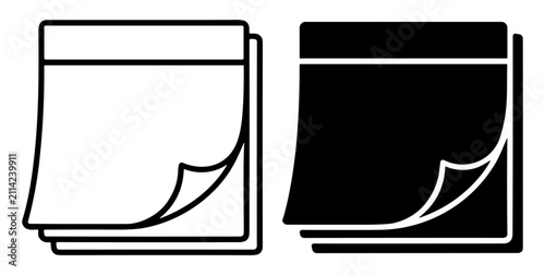 Black and white vector icon set of sticky note pads with a curled corner on transparent background