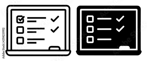 Black and white line icons of laptops with checklists and tick marks symbolizing task completion and organization on transparent background