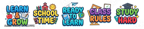 Colorful educational cartoon phrases with school and learning themes including apple, book, crayons, globe, ruler, and graduation cap on transparent background