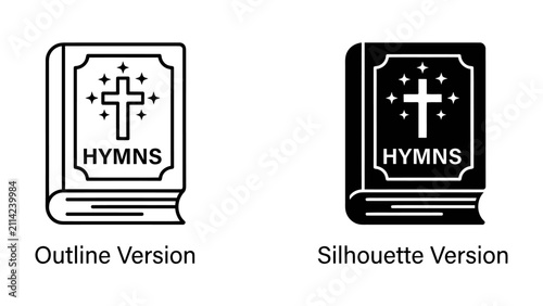 Foto Hymnal Icons: A pair of stylized icons representing a hymnal, one in an outline style and the other as a silhouette, both featuring a cross and stars, signifying religious music and worship