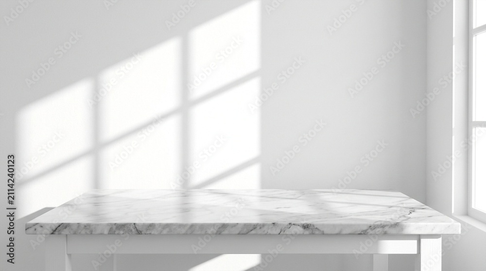 Fototapeta premium Clean white interior with marble table and window light shadows