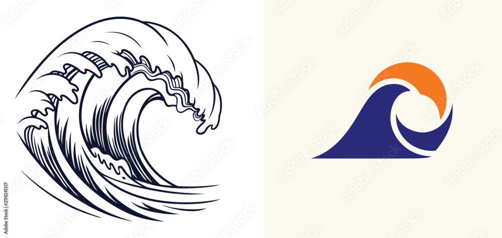 Obraz premium Ocean wave in graphic style with blue and orange colors in flat design for travel branding