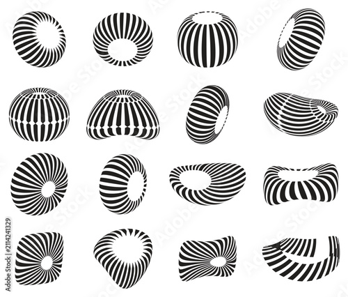 Abstract Striped 3D Geometric Shapes Set Black Line Vector Collection Isolated on White Background
