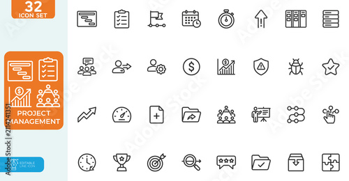 Project management Vector illustration line editable Icons set. Business or organisation management icons for web and mobile app. Time management, planning, project, startup, marketing. 