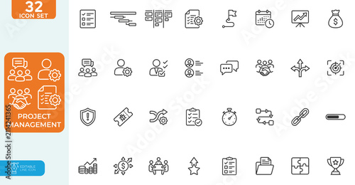 Project management Vector illustration line editable Icons set. Business or organisation management icons for web and mobile app. Time management, planning, project, startup, marketing. 