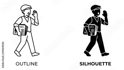 Obraz na płótnie Newsboy Delivering Papers: A stylized illustration depicts a newsboy in a cap, carrying a stack of newspapers and calling out his route