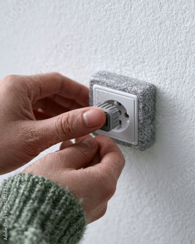 Hands delicately adjusting an electrical outlet cover in a cozy indoor setting. Baby Safety Month