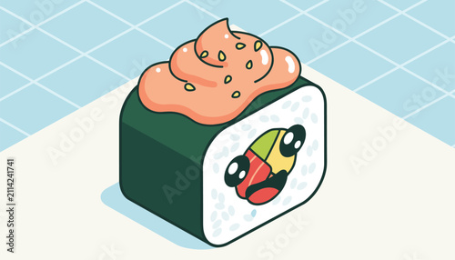 Cute and colorful sushi roll with a happy face, sesame seeds, and fresh fish, presented in a simple and playful isometric style.