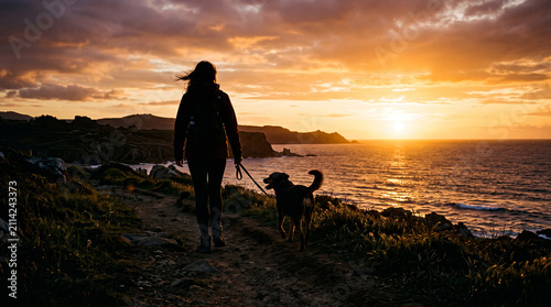 Silhouette of a person walking their dog on a coastal path during a beautiful golden sunset time