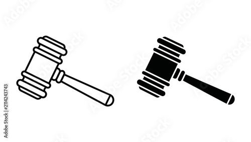 Fotografie Gavel Icon Duo: A symbolic representation of justice and law, featuring a classic wooden gavel in both line art and silhouette styles, ready to bring order to any legal or auction context
