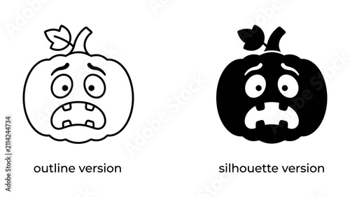Obraz na płótnie Scared Pumpkin Faces: Two pumpkin faces, one an outline and the other a silhouette, display a frightened expression with wide eyes and an open mouth, embodying a spooky Halloween vibe