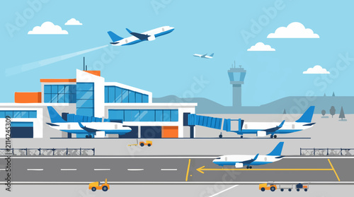 Принти на полотні Flat design illustration of a busy airport with airplanes, terminal, and control
