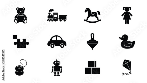 фотографія Minimalist black playtime icons set with monochromatic grid nine stylized icons