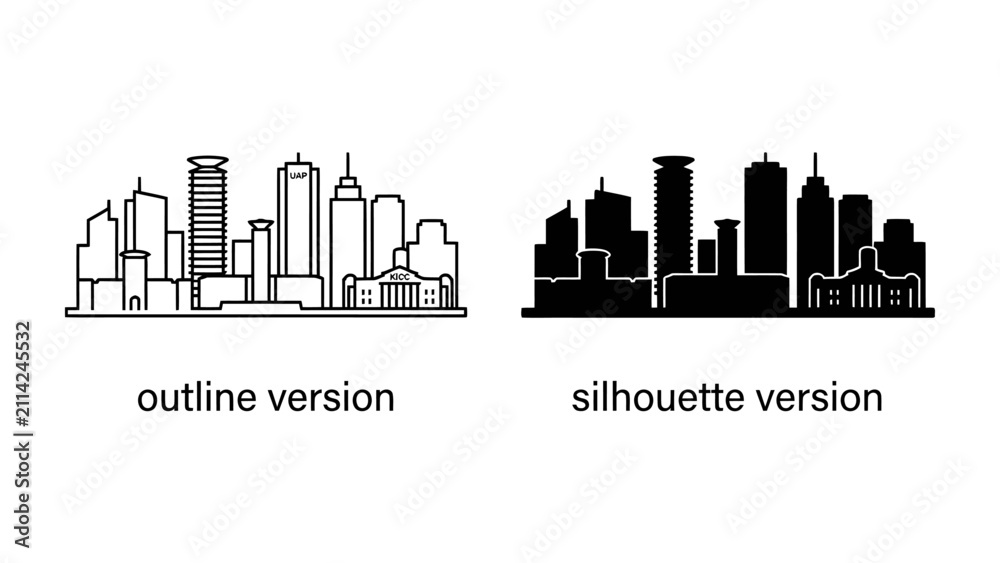 Obraz premium Cityscape Outline and Silhouette: Two distinct representations of a modern cityscape, one in an outline style and the other as a solid silhouette.