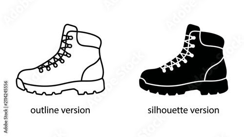 Fotografie Hiking Boot Outline and Silhouette: Two distinct representations of a sturdy hiking boot, one in a clear outline and the other as a solid silhouette