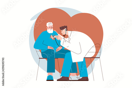 Senior patient receiving heart examination from doctor with stethoscope. Cardiac care, prevention and healthy aging. Vector character illustration.
