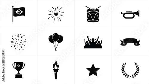 Foto Celebration icons set featuring trophy flame crowd balloons and musical instrume
