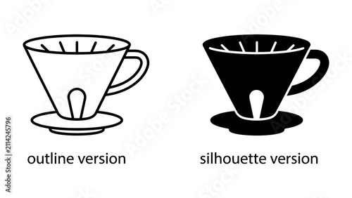 Foto Pour Over Coffee Dripper: An elegant design showcasing both outline and silhouette versions of a pour-over coffee dripper, perfect for coffee enthusiasts and baristas