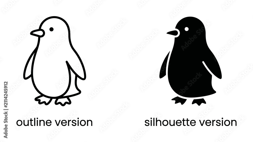 Obraz premium Two Penguin Icons: A clear outline and a solid silhouette of a penguin stand side-by-side, representing two distinct visual styles for a playful avian symbol.