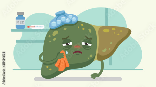 Фотография Cartoon illustration of a sick liver character feeling unwell with an ice pack on its head