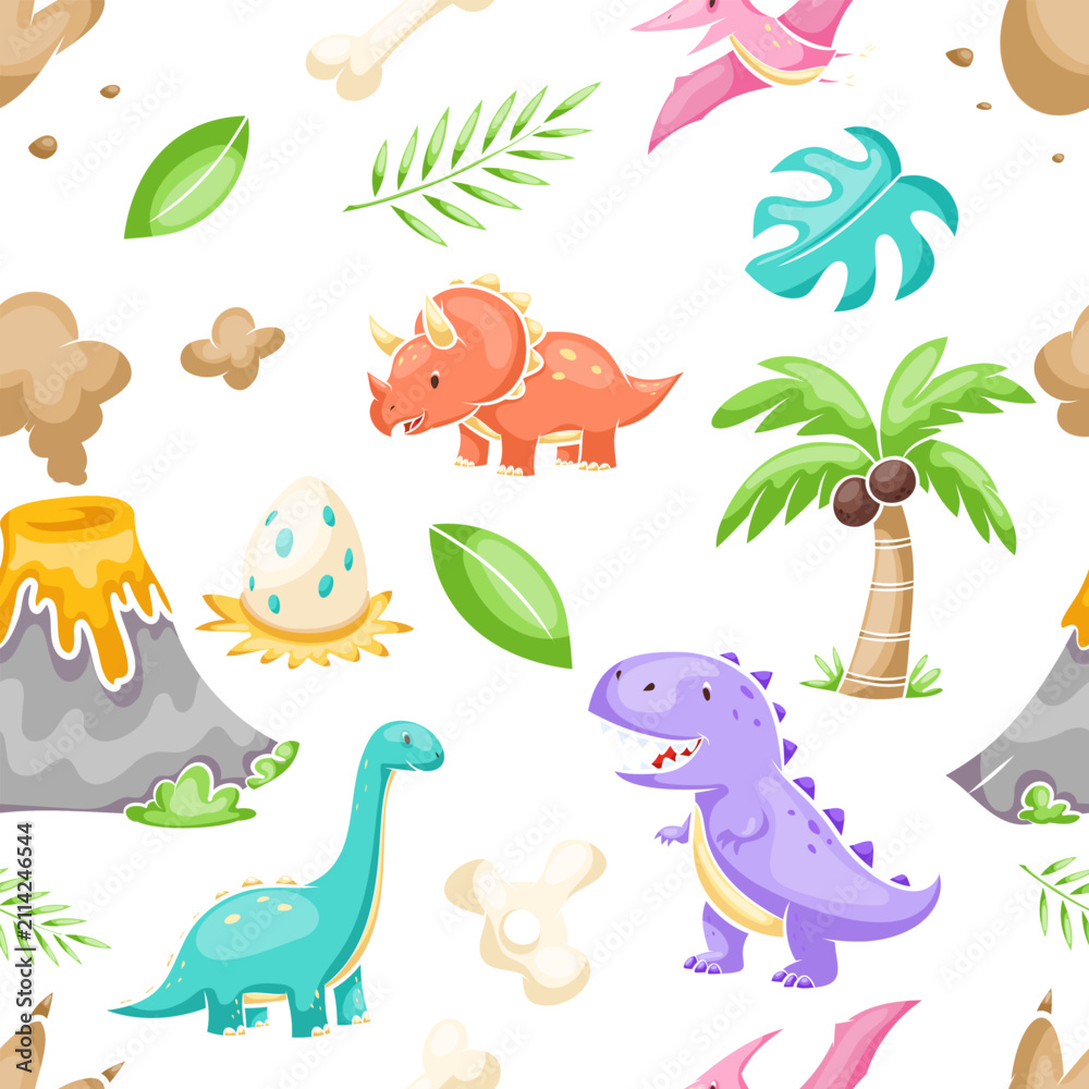 Fototapeta premium A seamless pattern featuring dinosaurs, volcanoes, eggs and tropical plants