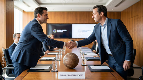 Two businessmen shaking hands over a vintage soccer ball in a corporate boardroom meeting.