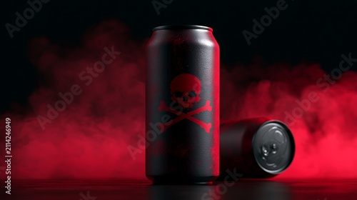 Black energy drink cans with skull and crossbones on red smoke background