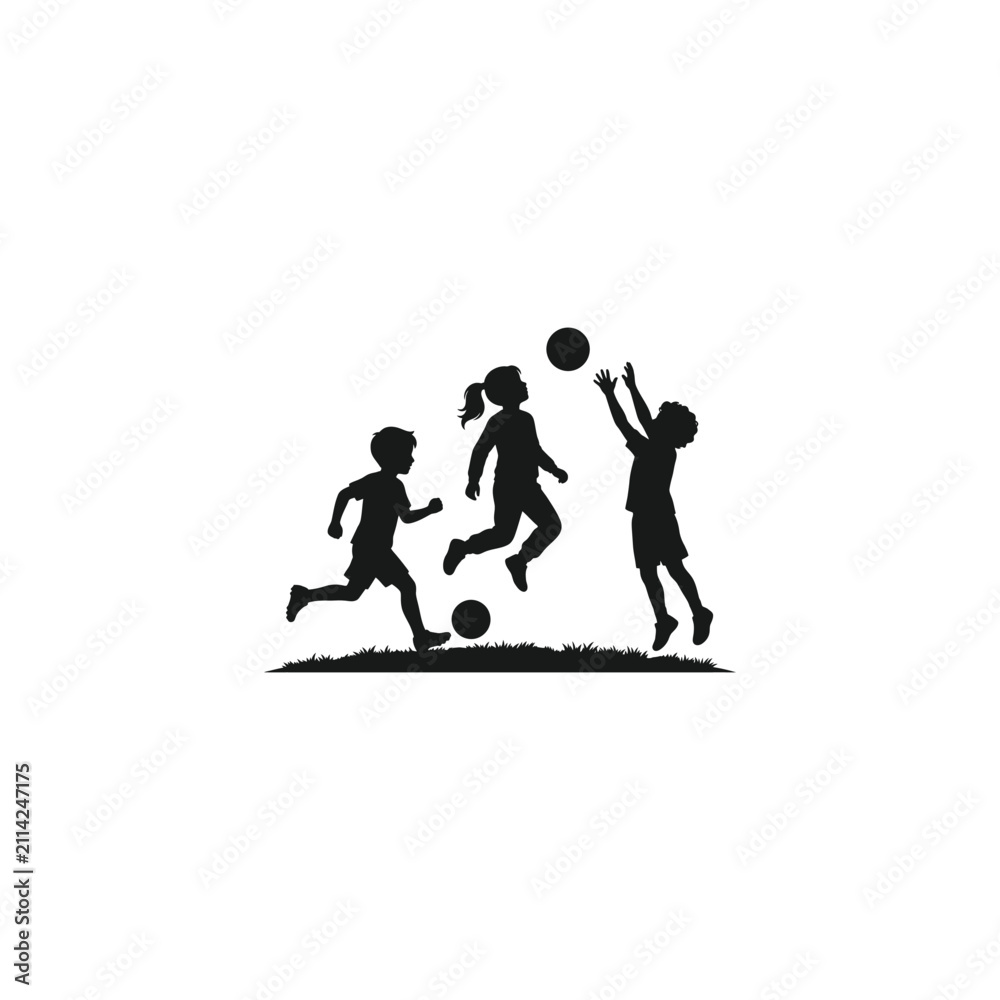 Obraz premium Children playing soccer and sports silhouette on white
