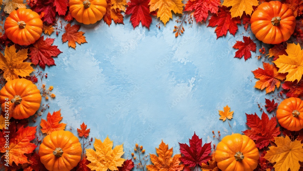 Fototapeta premium Autumn harvest pumpkins and colorful maple leaves arranged around a bright blue textured background with copy space