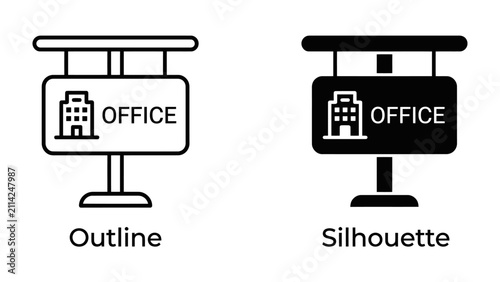 Office Sign Icon: Two graphic icons representing an office building with the word OFFICE on a sign, shown in outline and silhouette styles.