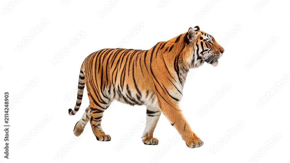 Obraz premium Majestic wild tiger walking with powerful steps isolated on transparent background cut out