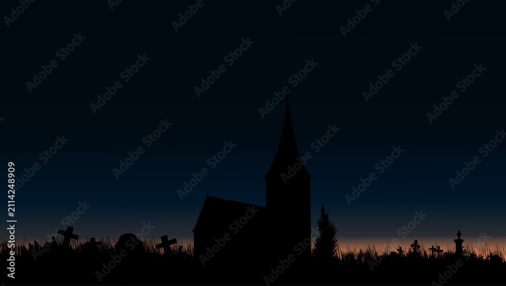 Fototapeta premium cemetery, Halloween night sky, sunset, color vector illustration