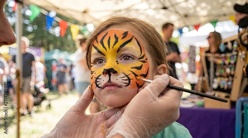 A young child having their face painted like a tiger by a professional artist at a summer outdoor festival