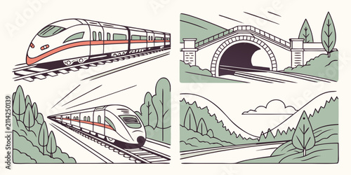 Photography High-speed trains on elevated tracks, modern railway bridges, and scenic landsca
