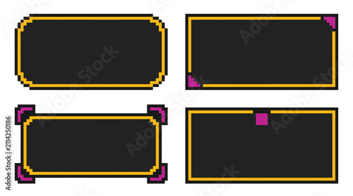 Retro gaming frame set in a vibrant pixelated style, containing text boxes, window borders, user interface, and panels.