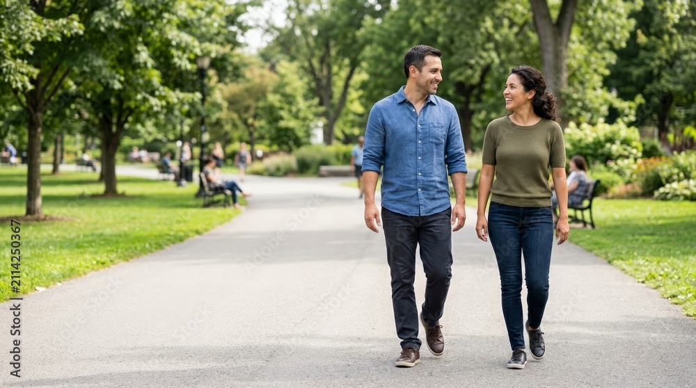 Fototapeta premium Happy couple walking and talking on a park path. Smiling man and woman strolling together in green public park. Healthy lifestyle and relationship concept