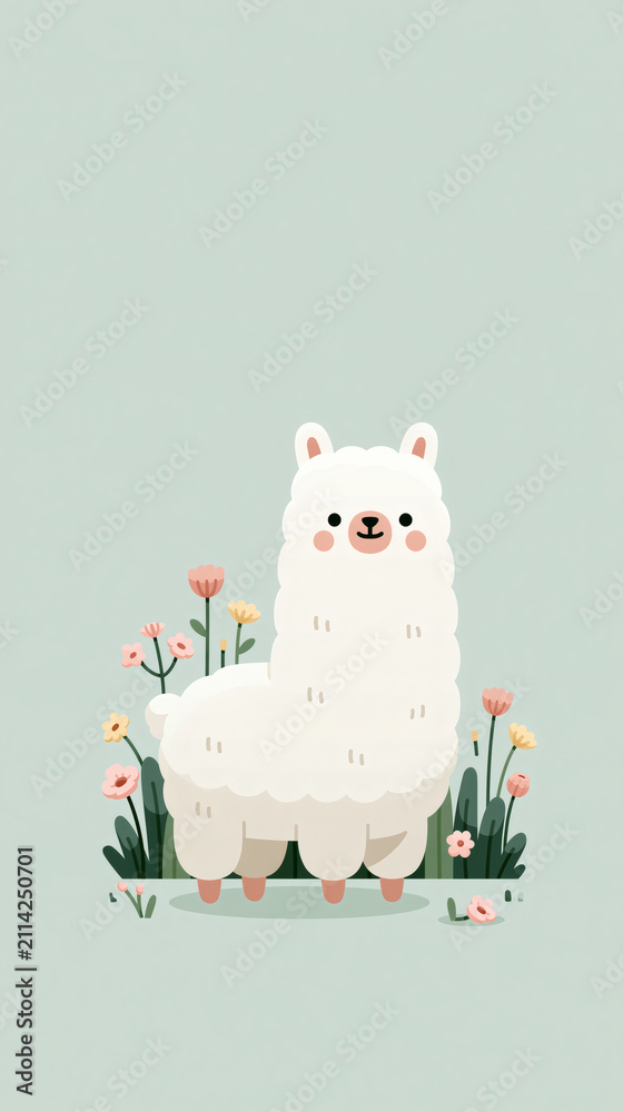 Fototapeta premium A cute white llama stands in a field of colorful flowers as a simple illustration on a soft green background for a cheerful and artistic design