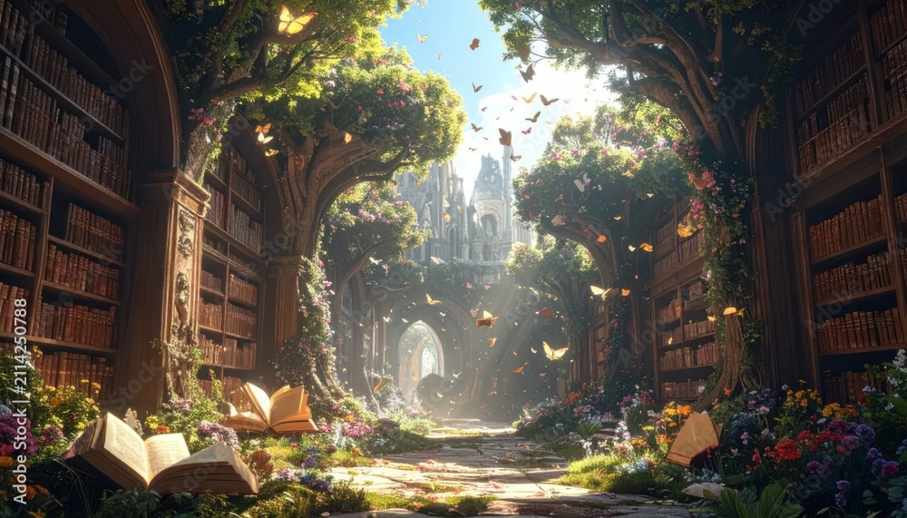 Fototapeta premium Ancient magical library built into sunlit forest trees.