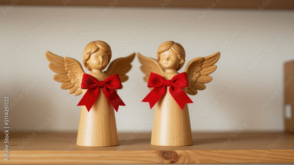 Obraz premium Two Wooden Angels with Red Ribbons