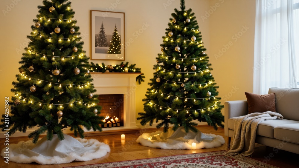 Fototapeta premium Christmas Eve Comfort: Two beautifully decorated Christmas trees, adorned with warm string lights and festive ornaments, stand proudly in a cozy living room.
