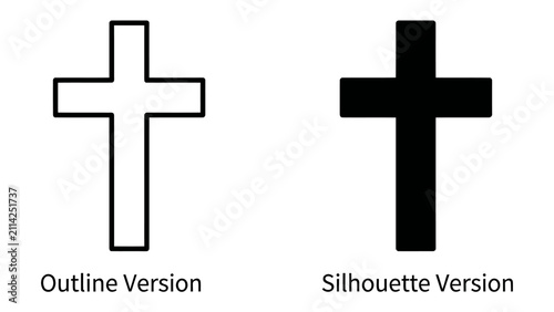 Fotografie Christian Cross Icons: Two icons of a Christian cross, one an outline and the other a solid silhouette, representing faith and religious symbolism