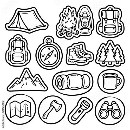 Hand Drawn Camping Doodle Collection Black and White Vector Set