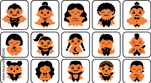 Set of fifteen cute cartoon avatar icons featuring diverse children with different hairstyles and expressions on white background