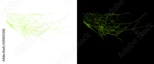 Fotografie Glowing green spider web on black and white backgrounds, neon cobweb texture, sp