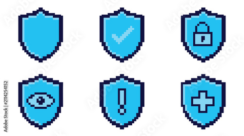 Cybersecurity protective shield element pack, retro pixel style, digital security, checkmark, padlock, eye, warning, and medical cross