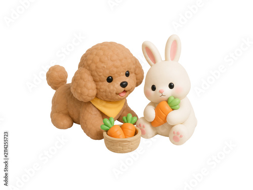 Cute Poodle and Rabbit Figurines with Carrot Basket