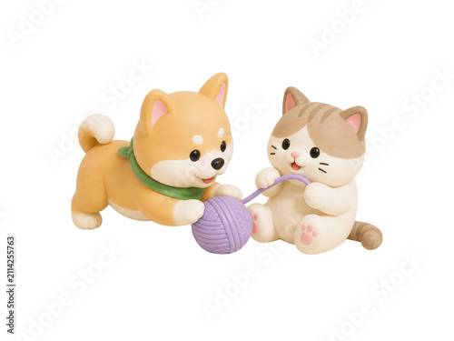 Glossy Shiba Inu and Cat Figurines Playing