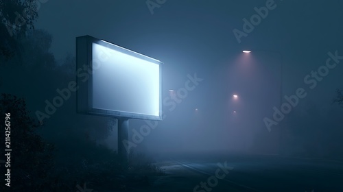 blank billboard in the fog at night with street lights