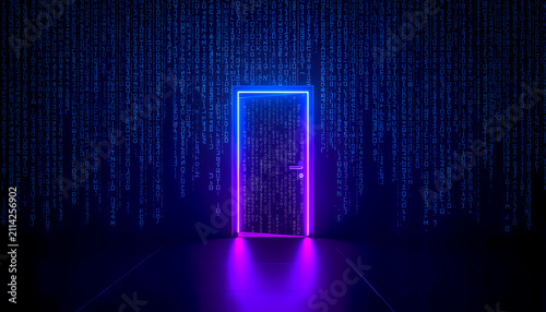 Glowing neon pink and blue rectangular door portal amid falling digital matrix code, futuristic cyber technology concept.