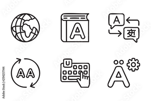 Bild auf Leinwand Translation and language service outline icon pack with multilingual communicati